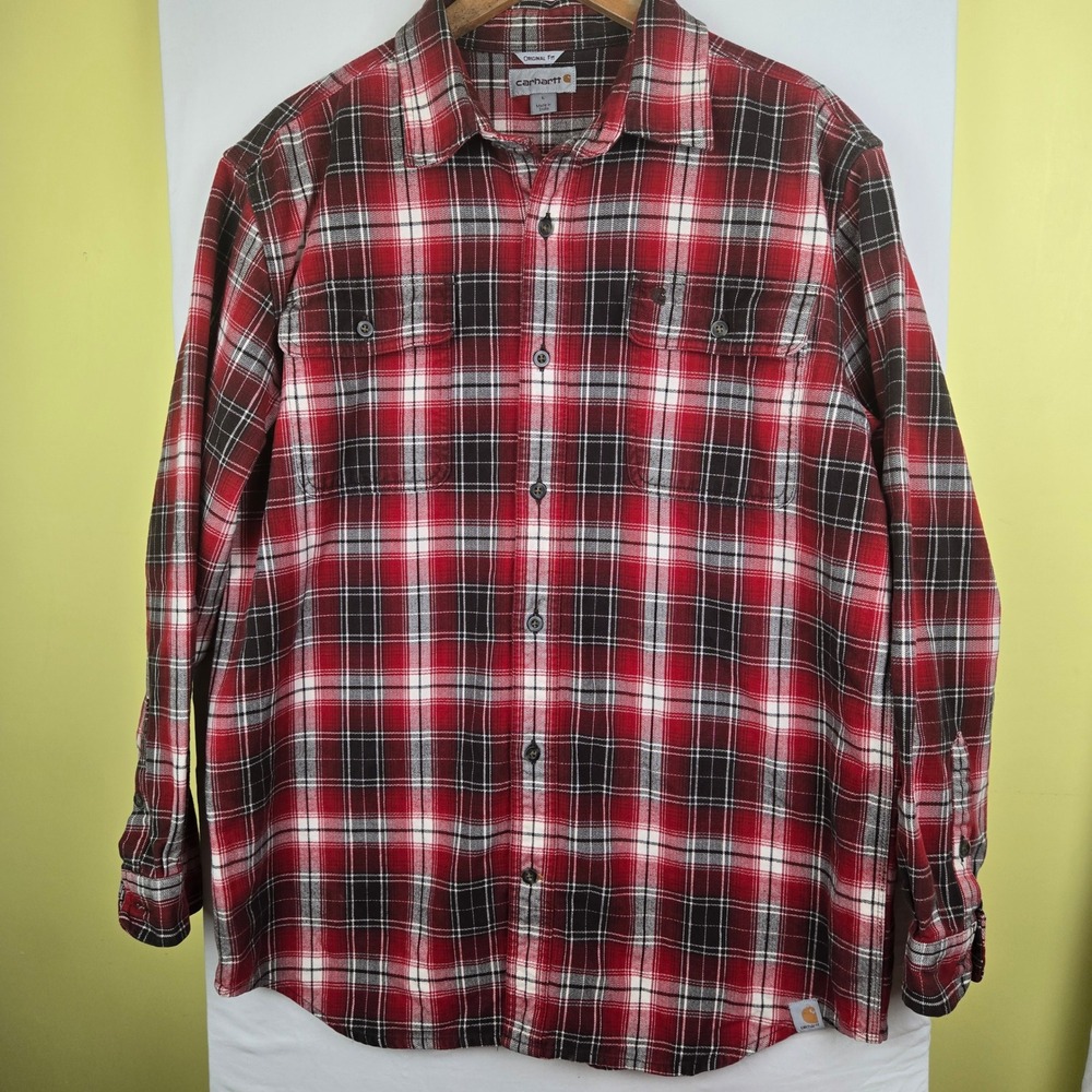 Carhartt Mens Red Black Plaid Flannel Shirt Original Fit Large L Long Sleeve